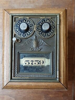 Antique Brass and Wood Wall Mail Slot Bank - 5759